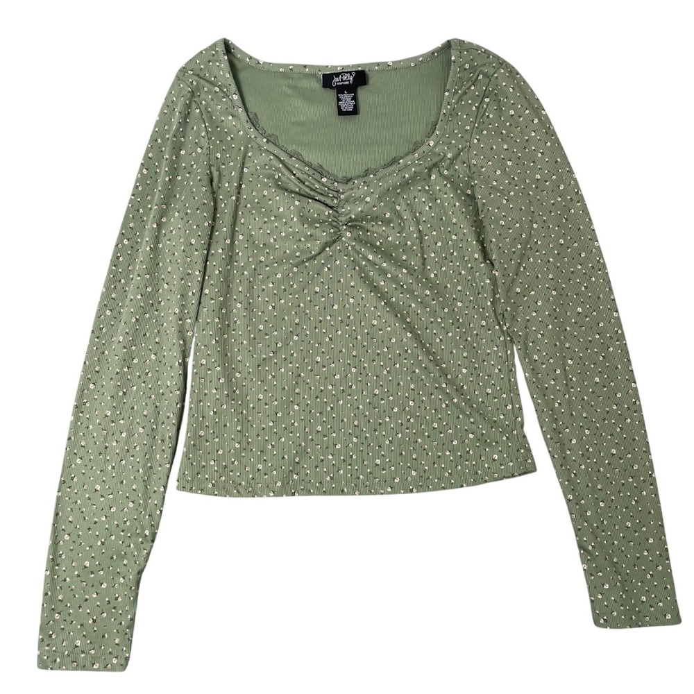 Just Polly Top Women Large Green Ditsy Floral Ribbed Sweetheart Cottage Coquette